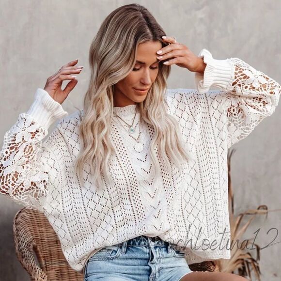 🎉HP🎉NEW Lace Crochet Crew Neck Pullover Sweater - Picture 1 of 8